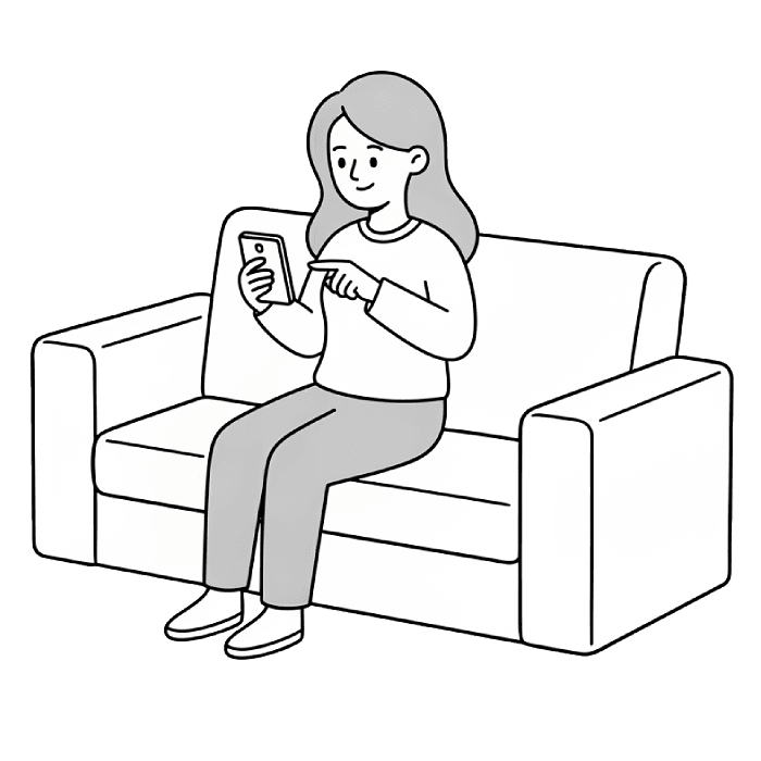 ソファでくつろぎながらスマホを操作する人のイラスト